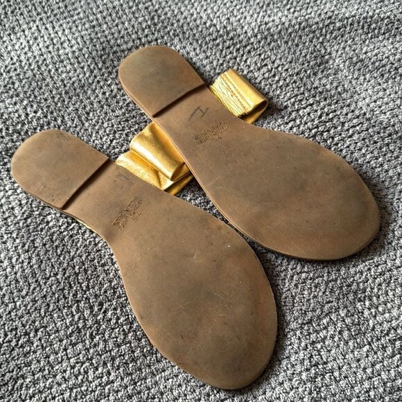 Lulus Caylee Gold Cognac Leather Flat Sandals Size 7.5 Braided Summer Slip-On - Picture 7 of 10